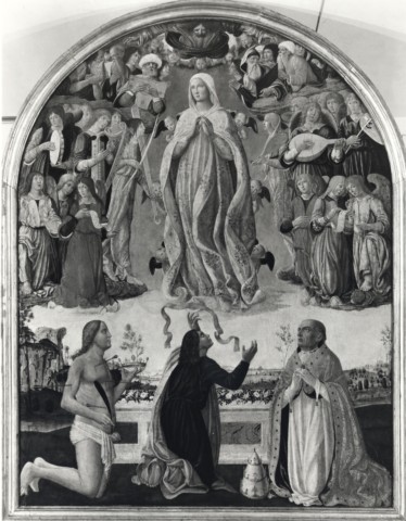 Anonimo — Pietro di Domenico - sec. XV/ XVI - Assunzione della Madonna con san Sebastiano, san Tommaso e san Gregorio Magno — insieme, dopo il restauro del 1979-1980